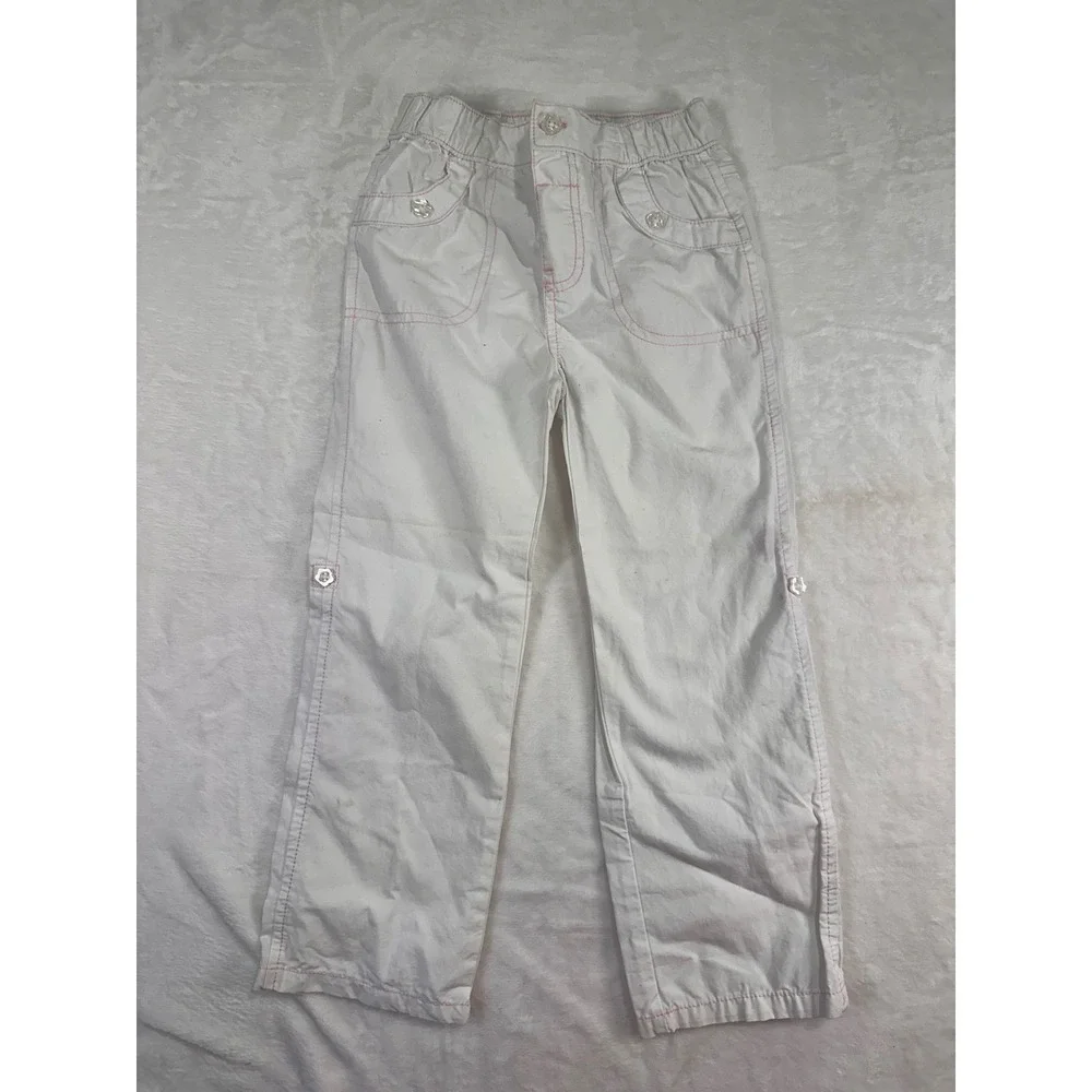 Wonder Kids Pants 5T White Pink Contrast Stitch Flower Button Toddler Girls